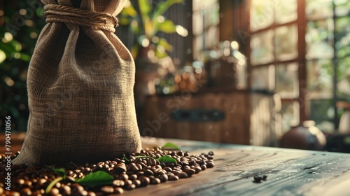 A table with coffee beans and an eco cloth bag. Cinematic CGI, VFX, ultra-detailed SFX, beautiful color grading, tilt blur, 32k white balance, super resolution, Ultra-realistic, 