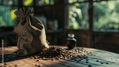 A table with coffee beans and an eco cloth bag. Cinematic CGI, VFX, ultra-detailed SFX, beautiful color grading, tilt blur, 