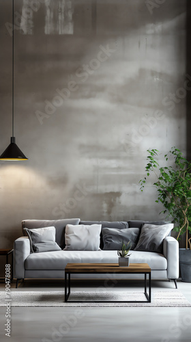 A modern living room with a gray sofa, coffee table, and plant photo