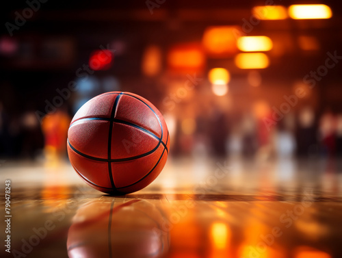 Basketball sitting on the court with blurred background