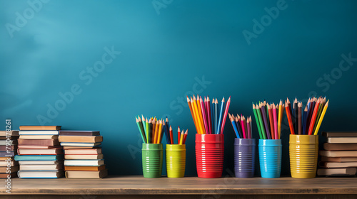 Colorful pencils and books on a wooden table with a blue background. photo