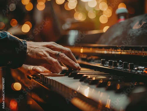 A man playing a synthesizer with a ring on his finger. photo