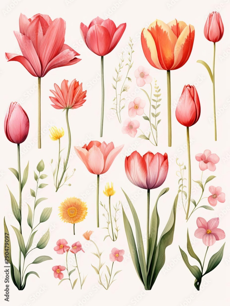 Watercolor tulip clipart in different shades of pink, red, and orange Watercolor tulip clipart in different shades of pink, red, and orange