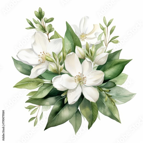 Watercolor jasmine clipart featuring delicate white flowers and green leaves