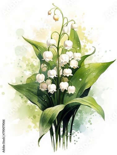 Watercolor lily of the valley clipart with small white bellshaped flowers photo