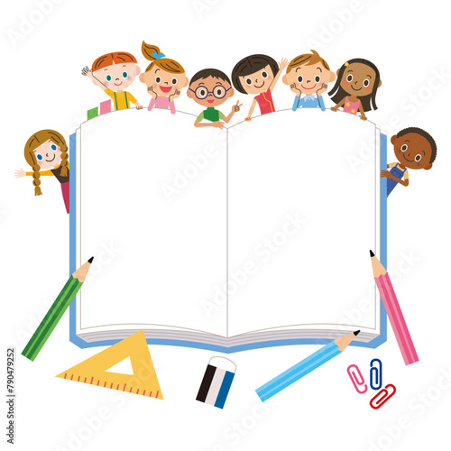 学習ノートに子供達と勉強道具のあるイラスト 