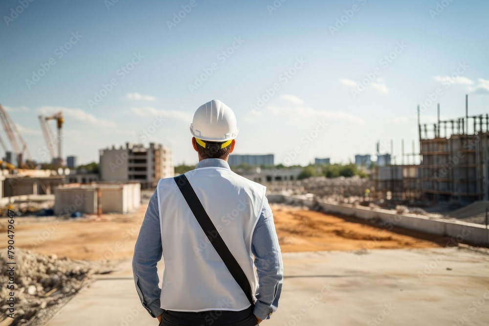 A man in a hard hat and sunglasses examining a construction site. Generative AI