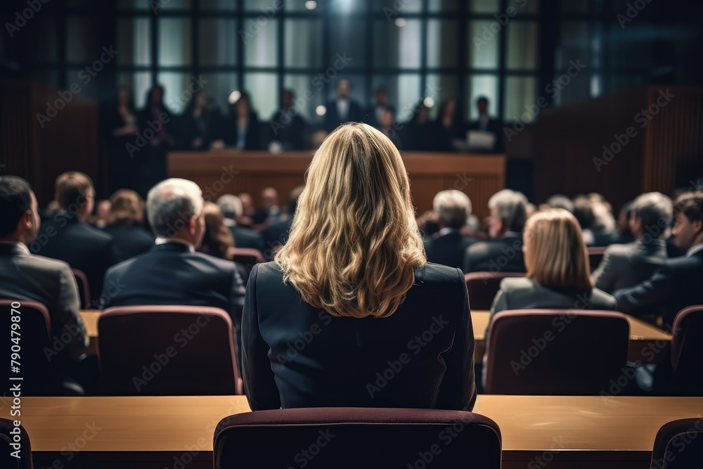 A confident female lawyer sitting at a table in a room of people, engaging in discussion. Generative AI