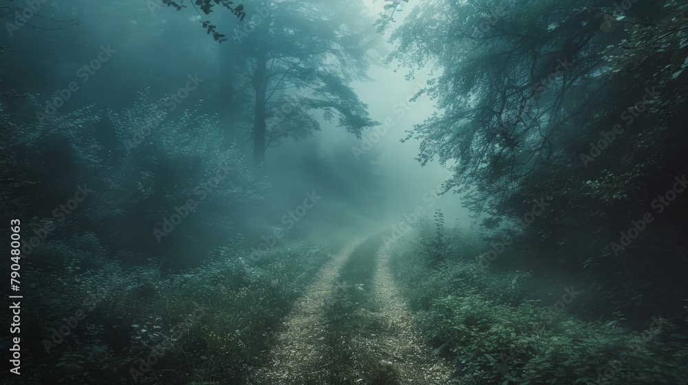 Mystical foggy forest path with bright light at the end of the path Mystical foggy forest path with bright light at the end of the path