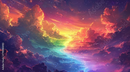 Fantastical sky with vibrant clouds and radiant beams of light
