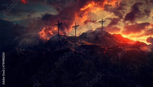 View of the Cross on the hill at dawn, with a beautiful sea of ​​clouds