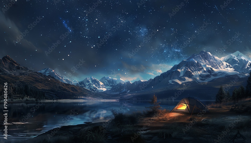 Illustrate a scene of adventurous wilderness camping under a starlit sky, blending digital rendering techniques for a photorealistic feel