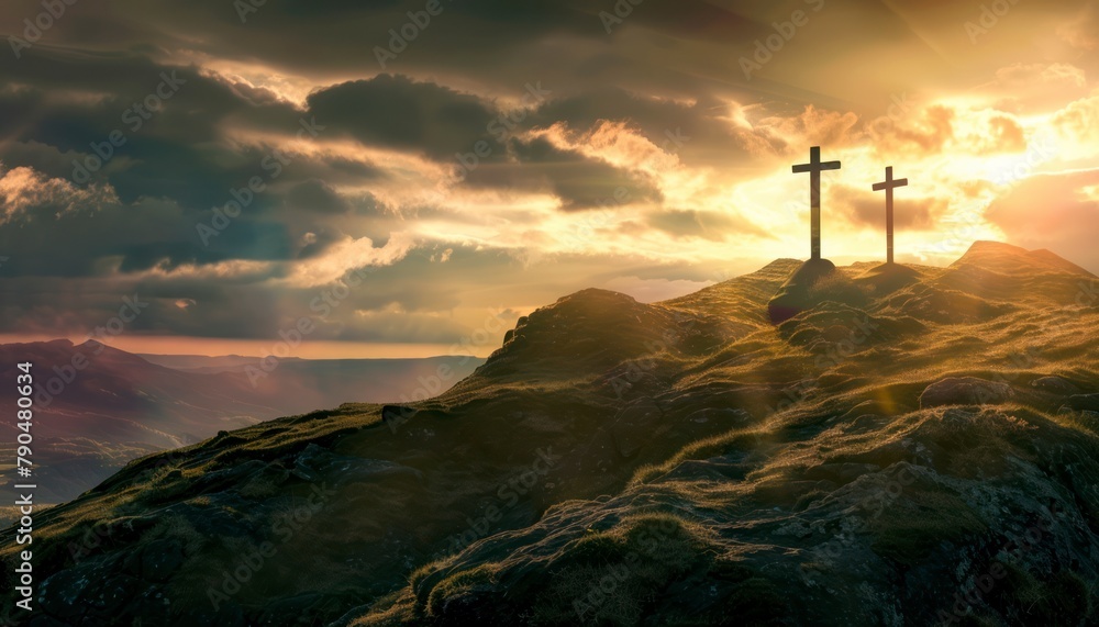 View of the Cross on the hill at dawn, with a beautiful sea of clouds View of the Cross on the hill at dawn, with a beautiful sea of clouds