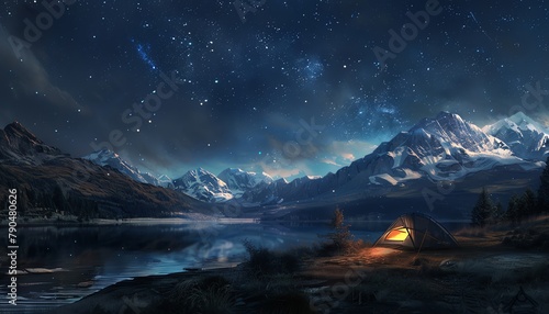 Illustrate a scene of adventurous wilderness camping under a starlit sky, blending digital rendering techniques for a photorealistic feel