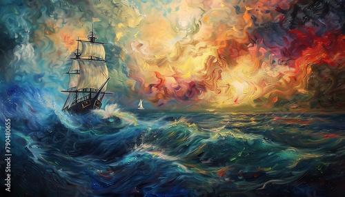 Illustrate the fusion of Romantic stories and Maritime adventures in an Aerial view painted with Impressionistic flair  Infuse the artwork with vibrant colors and blurred brushwork to convey a sense o