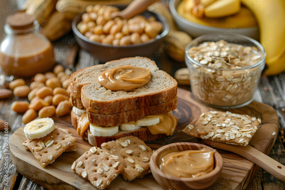 Delicious Variety of High-Protein Peanut Butter Foods Displayed on a Rustic Kitchen Counter