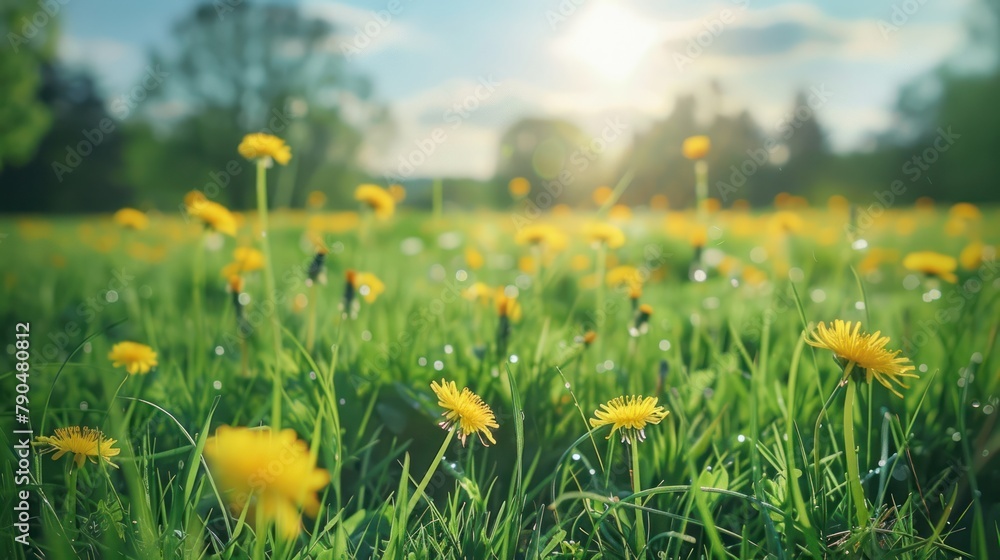 Beautiful meadow field with fresh grass and yellow dandelion flowers in nature 