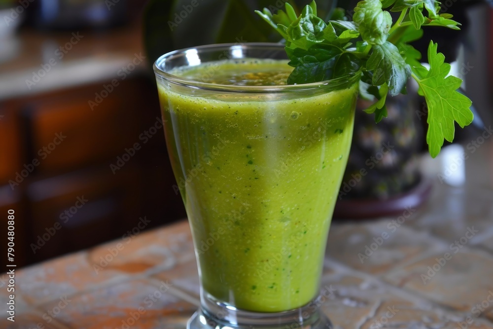 Glass of smoothie garnished with parsley Glass of smoothie garnished with parsley