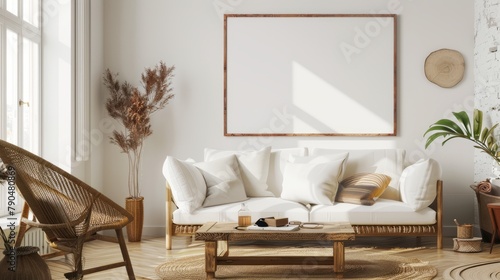 mock up poster frame in modern interior background, living room, Contemporary style, Living room wall poster mockup. Modern interior design.