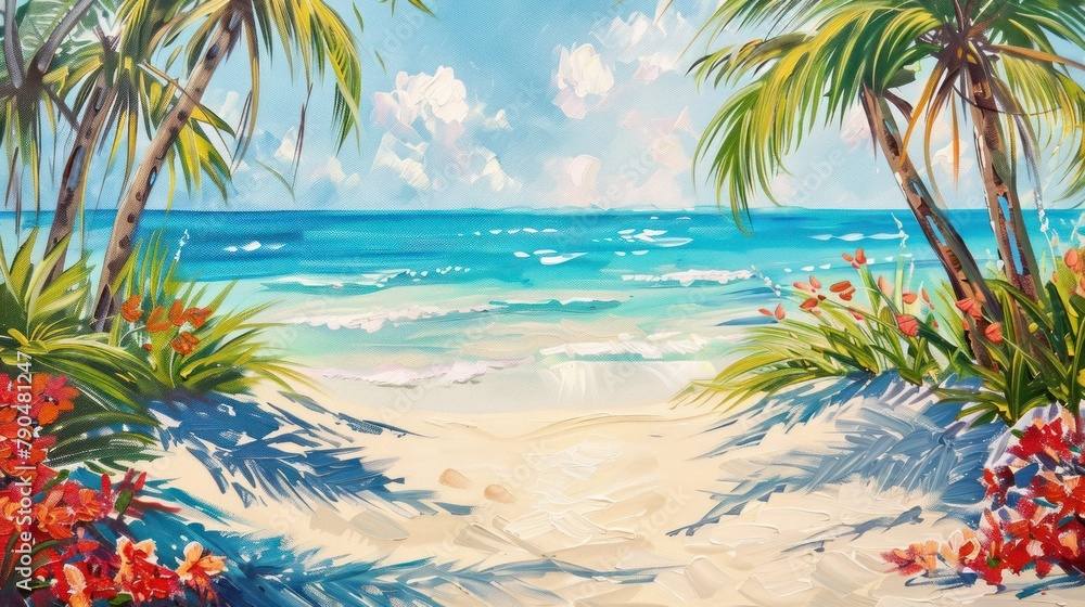 Capture the essence of summer sandy beaches with a vibrant, tropical color palette in an artistic style of your choice 