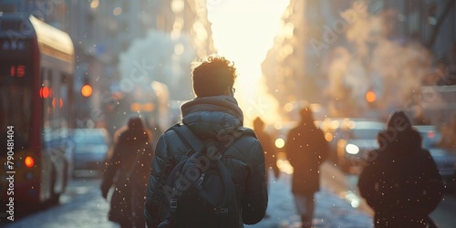 Person Walking Down a Snowy Street. Generative AI photo