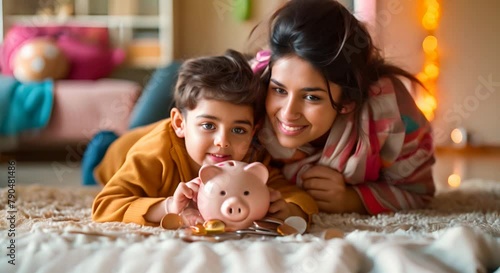 Young Indian mother her little 4s son lying on floor at home count and drop coins into piggy bank. Caring parent teaches child save money, think about future, manage personal finances, savings concept photo