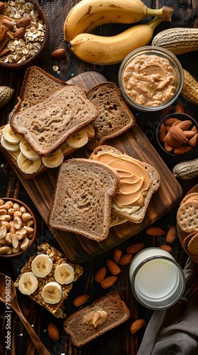 Delicious Variety of High-Protein Peanut Butter Foods Displayed on a Rustic Kitchen Counter