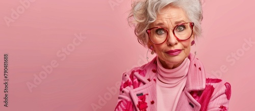 Detailed view of a lady in spectacles and a stylish pink coat