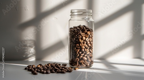 coffee beans in a glass jar, soft shadows, aesthetic, light and airy 