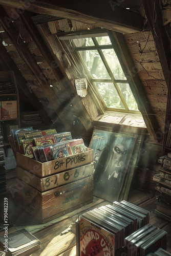 Wallpaper Mural A vintage, cluttered attic space with a slanted window casting light on stacks of old books, magazines, and records. The musty, nostalgic atmosphere evokes a sense of forgotten treasures and untold st Torontodigital.ca