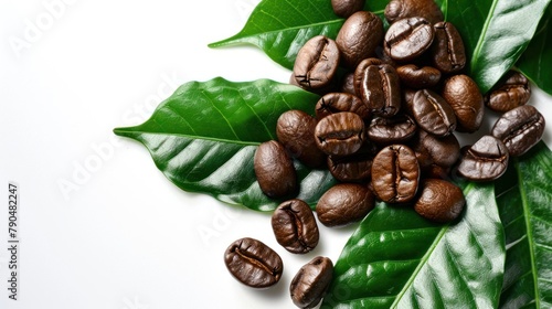 Coffee beans on green leaves, food photography, overhead view, white background, poster design 