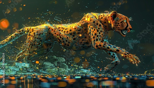 Imagine a sleek robotic cheetah racing through a digital savannah  its motion frozen in a dynamic pixel art composition Show the fusion of technology and nature in a striking  vibrant display