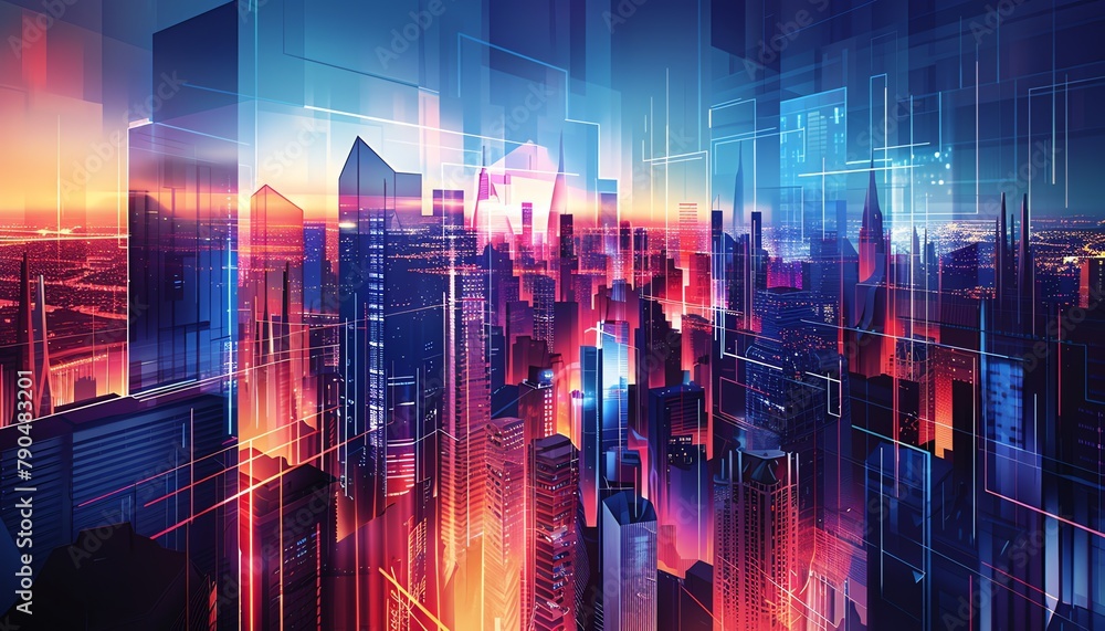 Fototapeta premium Transform a futuristic cityscape into a sleek vector graphic masterpiece, highlighting sleek lines and geometric shapes in a photorealistic style