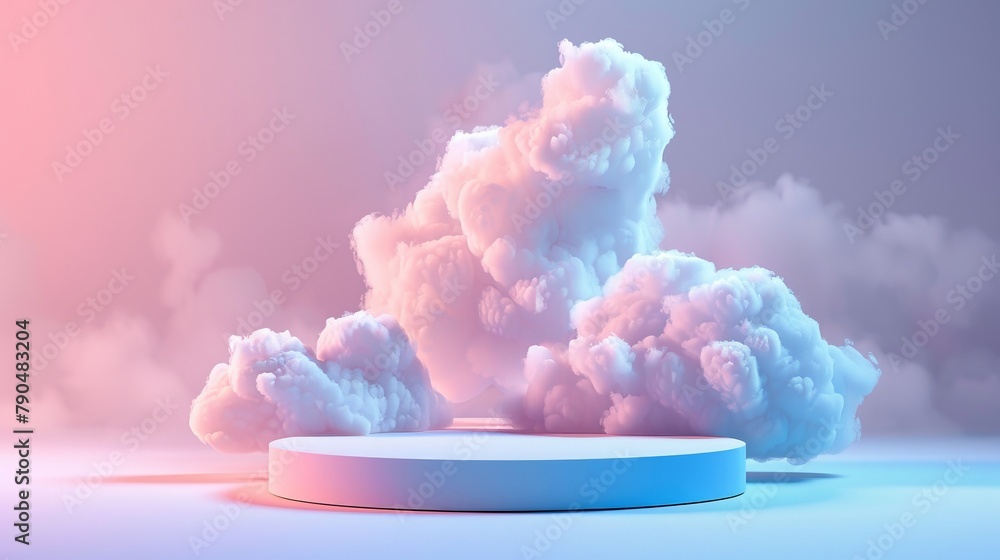 Cloud background podium blue 3d product sky white display platform render abstract stage pastel scene. Podium stand light minimal cloud background studio dreamy pedestal backdrop png smoke geometric.