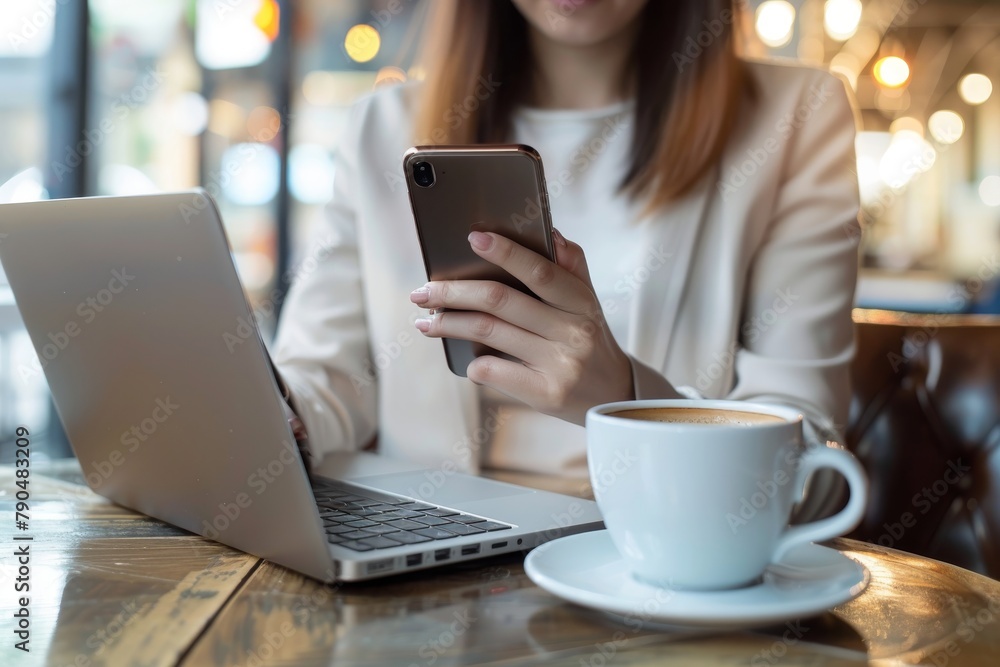 Young woman checking phone while working on laptop in cafe. Young woman checking phone while working on laptop in cafe.