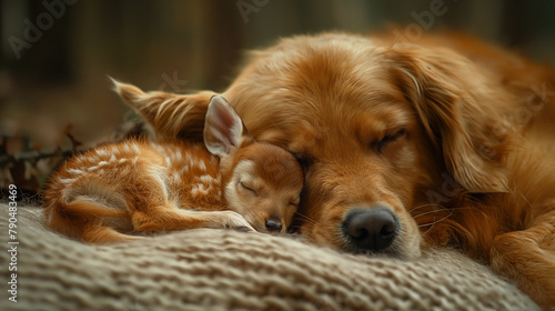 A baby reindeer sleeping next to an adult golden retriever dog