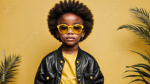 Afro boy wear glasses on yellow background with green leaf decoration 