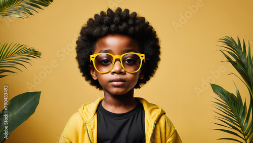 Afro boy wear glasses on yellow background with green leaf decoration 