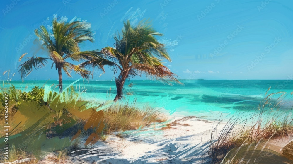 Compose a digital painting inspired by the beauty of a tropical summer beach, with palm trees swaying in the breeze and the turquoise ocean softly blurred in the background​