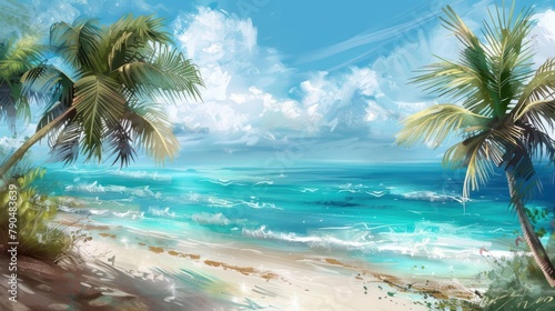 Compose a digital painting inspired by the beauty of a tropical summer beach  with palm trees swaying in the breeze and the turquoise ocean softly blurred in the background    