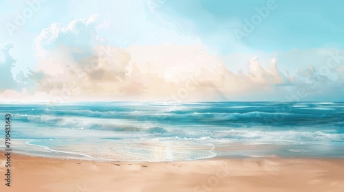 Compose a serene digital painting capturing the tranquility of a summer sandy beach  with a softly blurred ocean background  using warm tones to evoke a sense of relaxation   