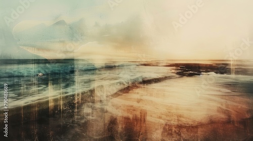 Compose an abstract digital artwork inspired by the interplay of light and shadow on a summer beach, with the ocean rendered as a blurred,​