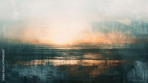 Compose an abstract digital artwork inspired by the interplay of light and shadow on a summer beach, with the ocean rendered as a blurred,​ #790483695