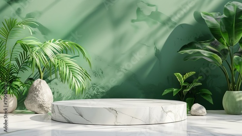 Podium background 3D white marble stand display platform mockup. Stone podium scene summer background 3D render product stage presentation green pedestal plant rock leaf art abstract