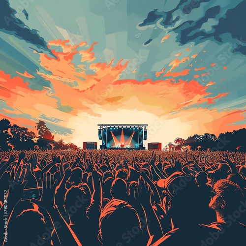 Outdoor summer concert, energetic crowd, vector graphic, stage view