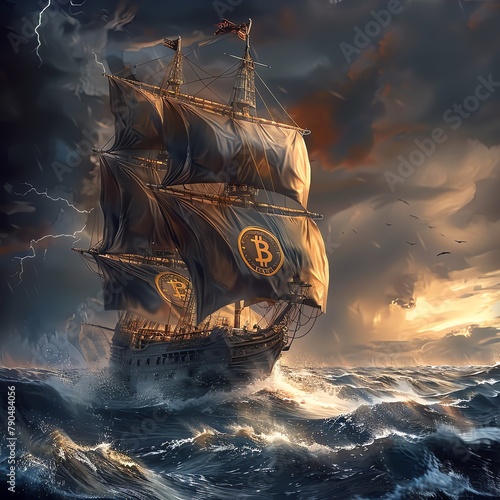 Sailing ship in a tempest with Bitcoin flag, high seas adventure, dramatic angle photo