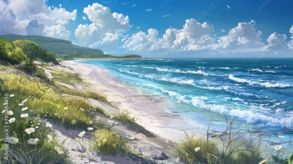 Create a digital painting inspired by the natural beauty of a secluded summer beach, emphasizing the serene atmosphere and pristine coastline​