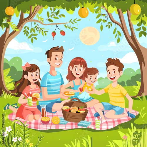 Family picnic in a sunny park  summer  cheerful vector scene  frontal view