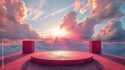 3d render red podium, sky background, valentine day stock photo 8k realistic cinema 4d render photo