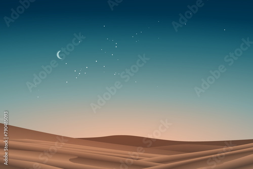 Beautiful evening sky ove desert with moon and stars